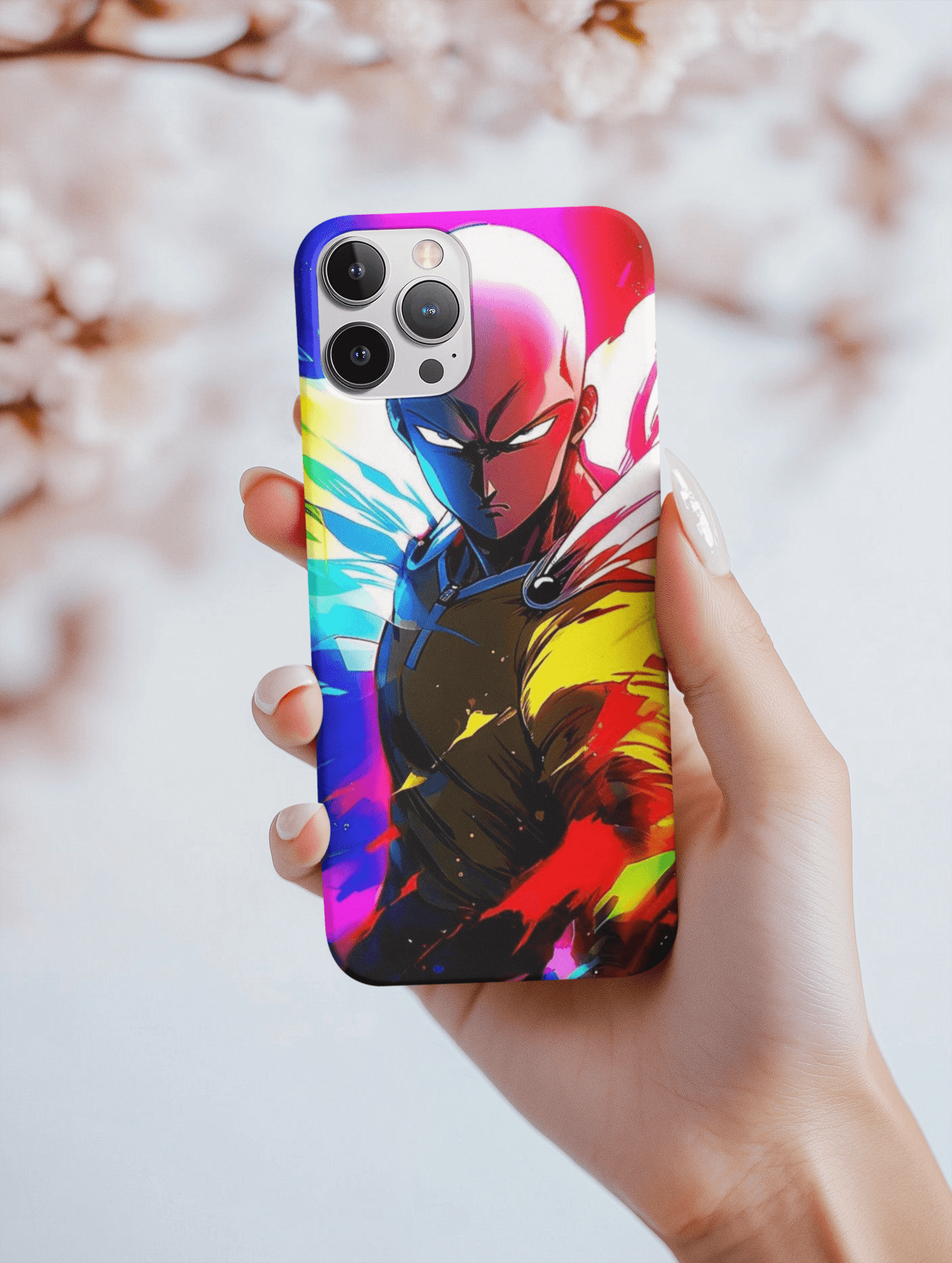 One Punch Man phone case featuring Saitama with vibrant colors and dynamic design