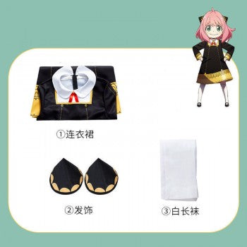 Anya Forger cosplay costume black school dress with white collar red bow gold cuff accents matching hair clips and white socks