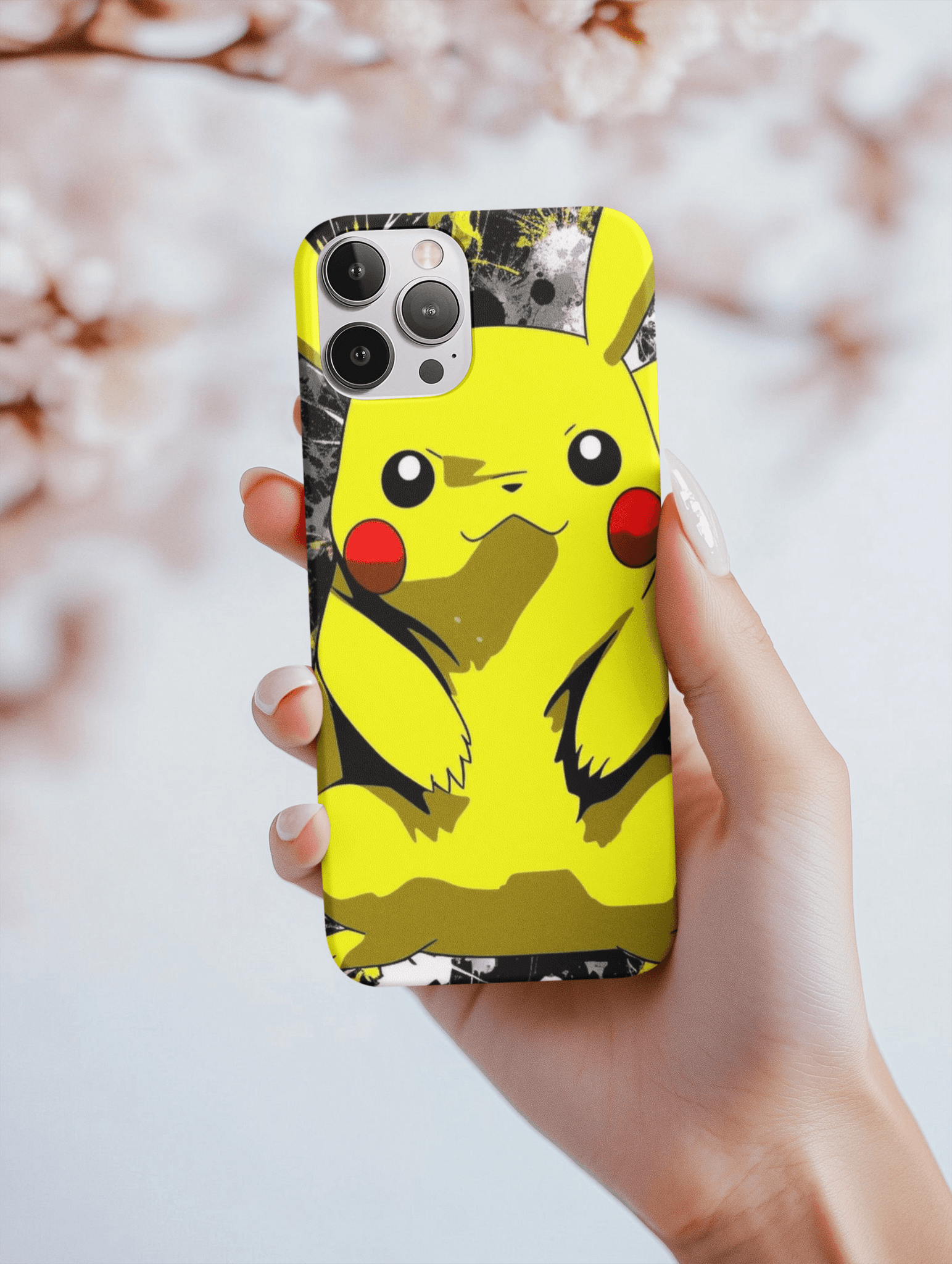Pikachu anime phone case featuring a vibrant design with Pikachu in bright colors