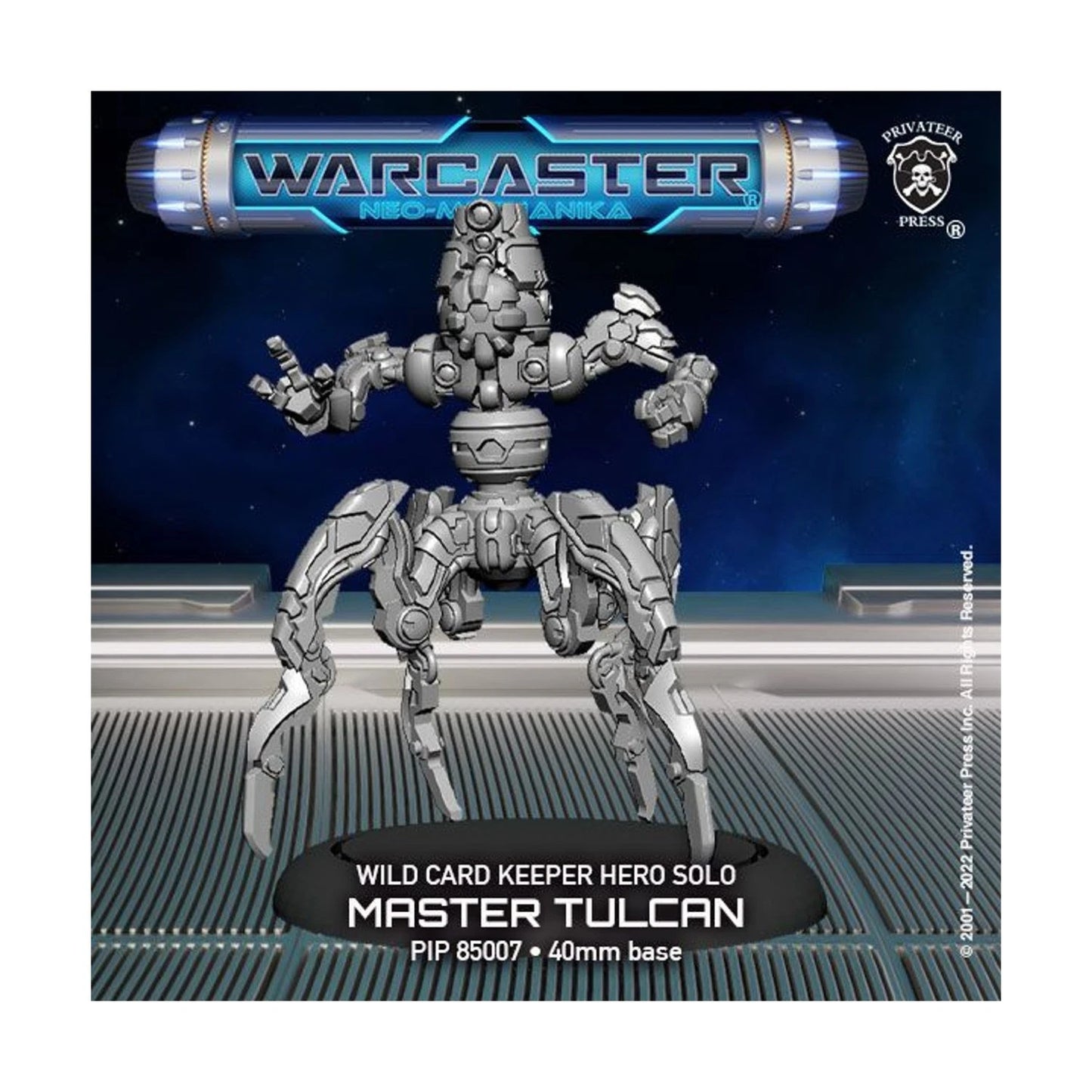 40mm scale Master Tulcan figure in silver, a character from Warcaster featuring 35mm scale miniatures for tabletop gaming