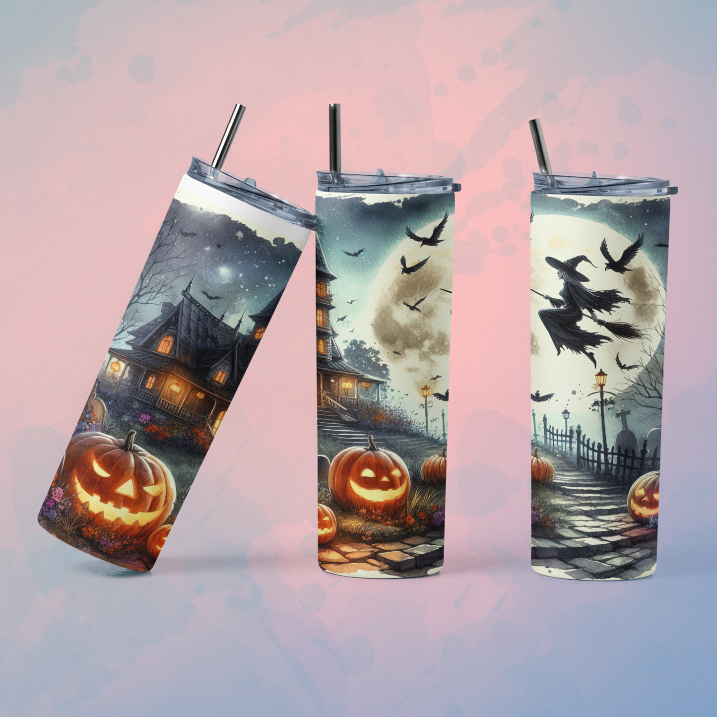 Spooky Halloween tumbler with straw featuring haunted house and jack-o-lantern design