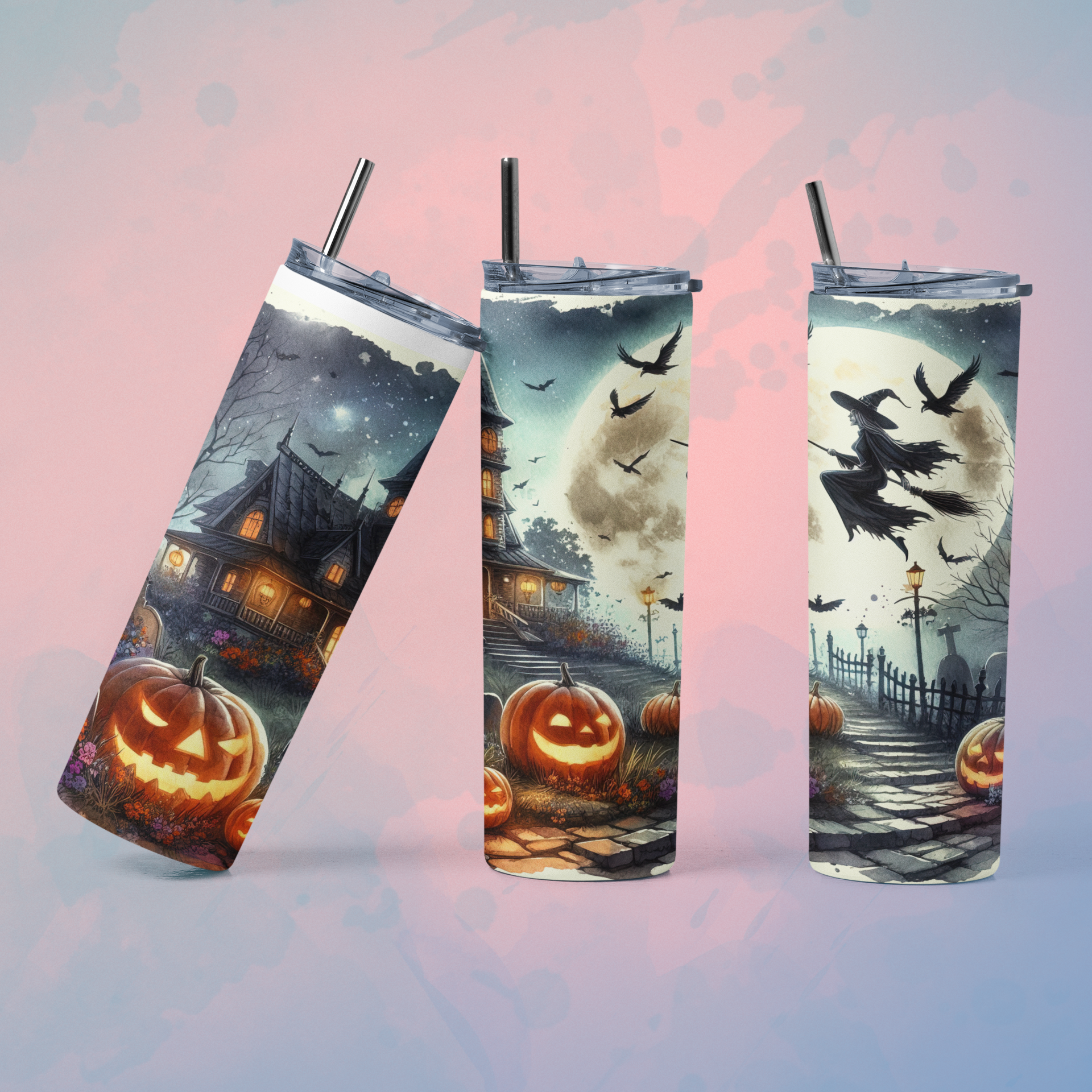 Spooky Halloween tumbler with straw featuring haunted house and jack-o-lantern design
