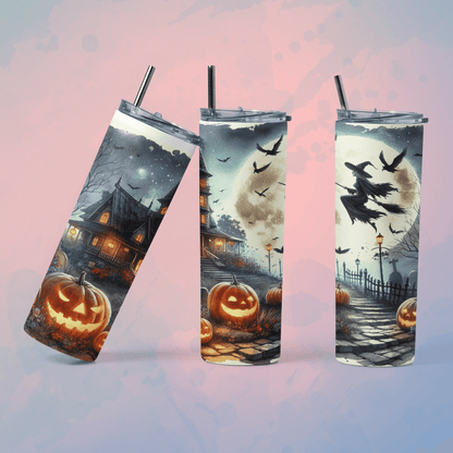 Spooky Halloween tumbler with straw featuring haunted house and jack-o-lantern design