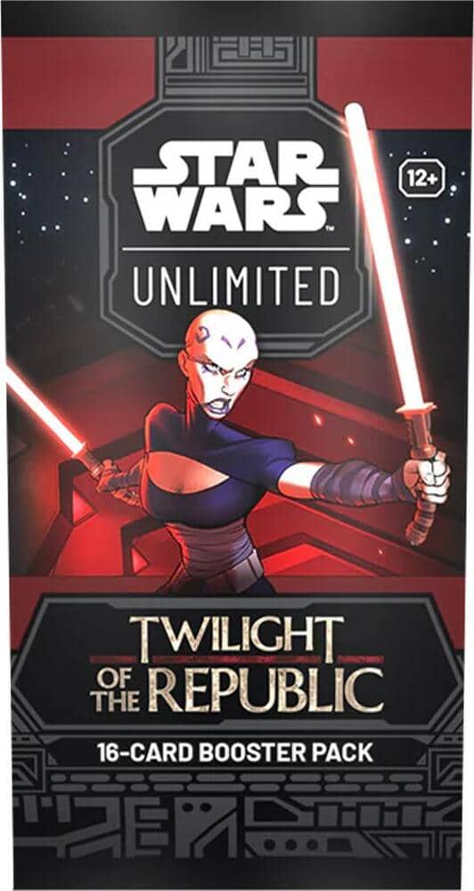 Star Wars Unlimited Twilight of the Republic booster pack featuring a character with lightsabers and 16 trading cards