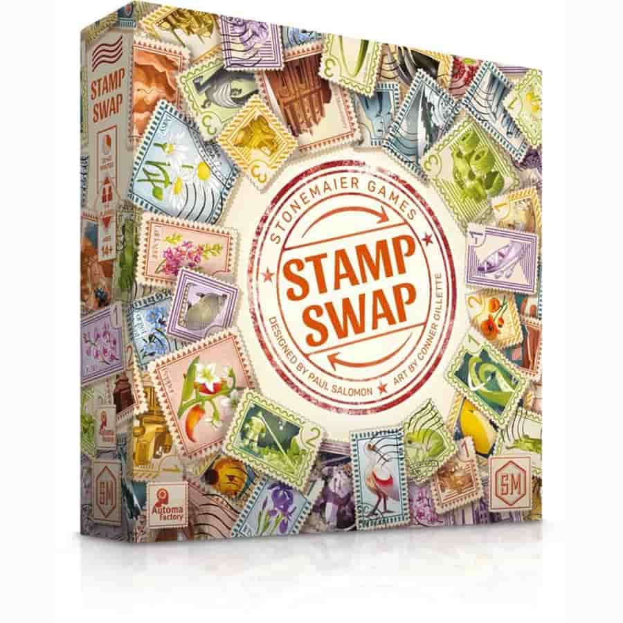 Stamp Swap board game by stonemaker with colorful postage stamp artwork on the box cover