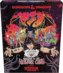 Stranger Things Dungeons and Dragons game box featuring Hellfire Club artwork and characters
