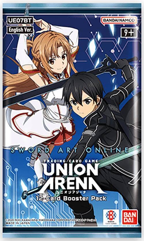 Sword Art Online Union Arena booster pack featuring Asuna and Kirito, includes 12 trading cards for gameplay