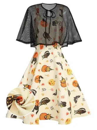 Retro Halloween costume vintage style outfit featuring a mesh cape and printed skirt with cats and pumpkins
