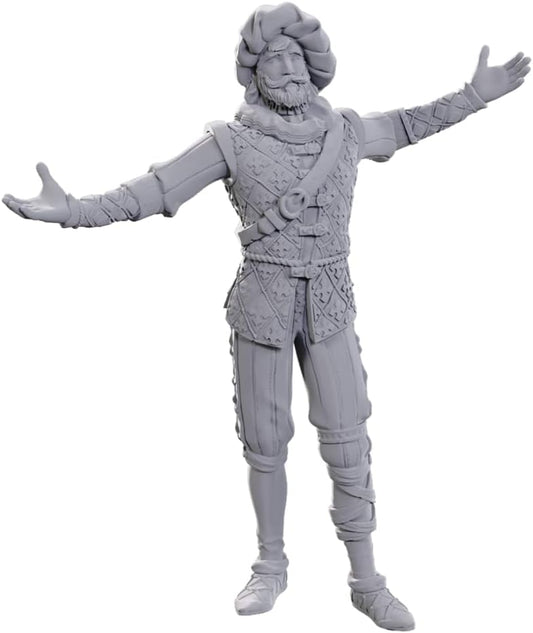 Gray unpainted Volo and Withers miniatures for tabletop RPG by Wizkids D&D figure with open arms and detailed clothing