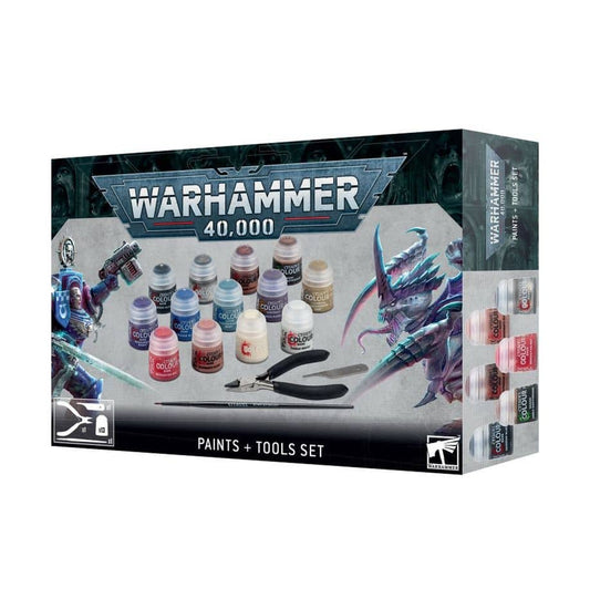 Warhammer 40k paint set featuring 12 paints and tools for painting miniatures and models