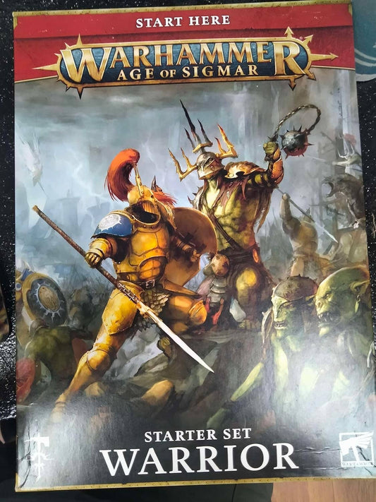 Warhammer Age of Sigmar Starter Set featuring a warrior battling enemy forces on the cover