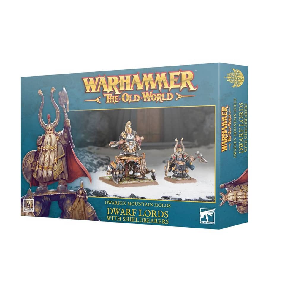 Warhammer Dwarf Lords miniatures set featuring detailed figures and shellbearers in a collector's box