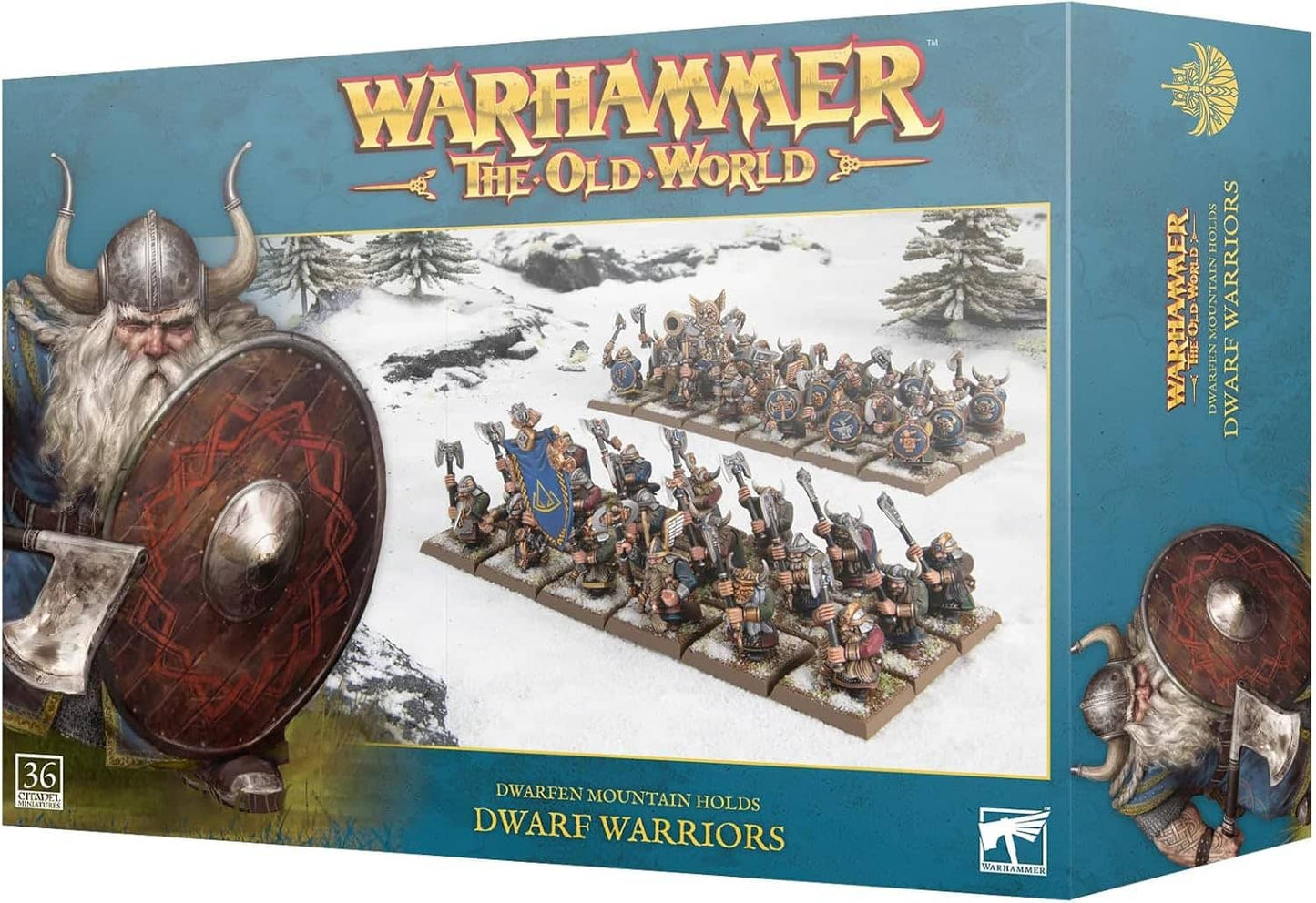 Warhammer Dwarf Warriors set box featuring detailed dwarf warrior miniatures with shields and axes