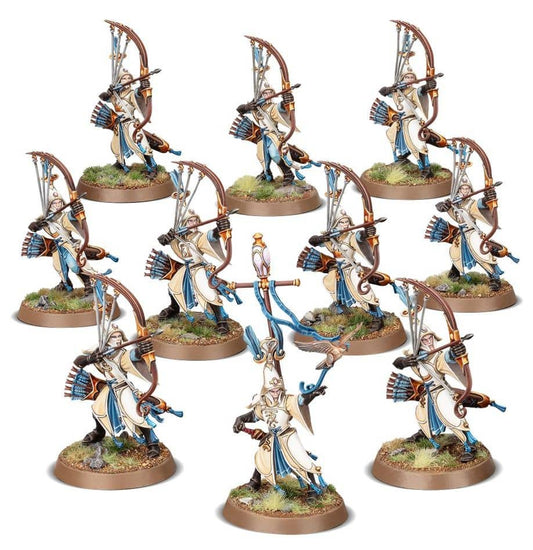 Collection of Warhammer Lumineth Realm-Lords miniatures with bow and arrow stands on green grass bases