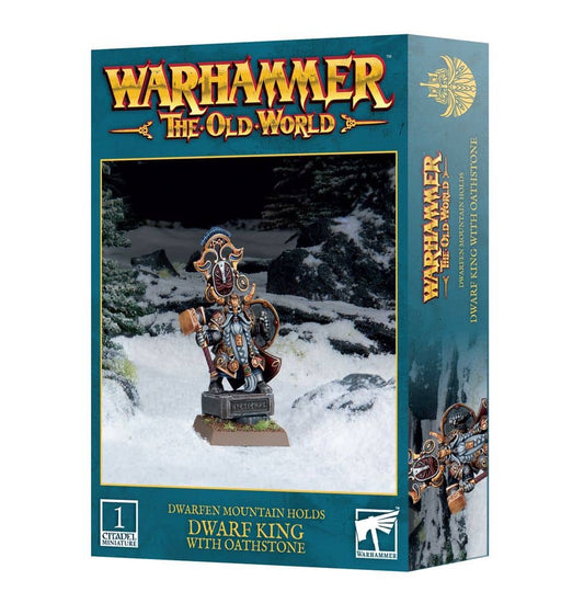 Warhammer Old World Dwarf King miniatures box featuring a detailed Dwarf King figure with oathstone