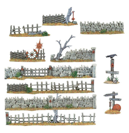 Warhammer Old World terrain set featuring detailed miniature fences, stone walls, and signposts for tabletop gaming