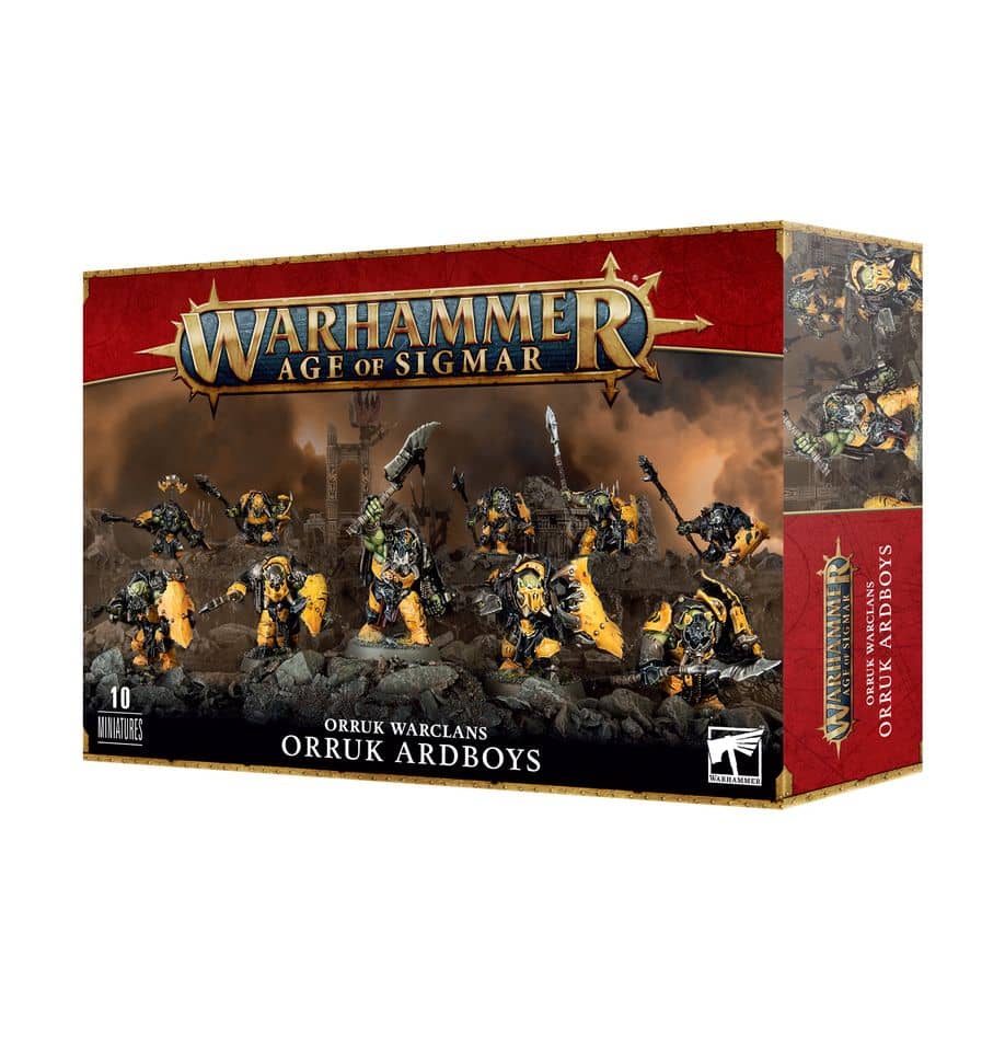 Warhammer Age of Sigmar Orruk Warclans Orruk Ardboys figures box by Game Workshop with 10 detailed miniatures