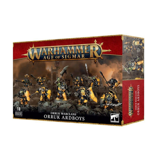 Warhammer Age of Sigmar Orruk Warclans Orruk Ardboys figures box by Game Workshop with 10 detailed miniatures