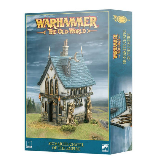 Warhammer Sigmarite Chapel kit box featuring detailed miniature chapel and engaging artwork