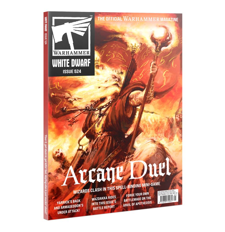 Warhammer White Dwarf Issue 524 Magazine featuring Arcane Duel mini-game and fantasy artwork