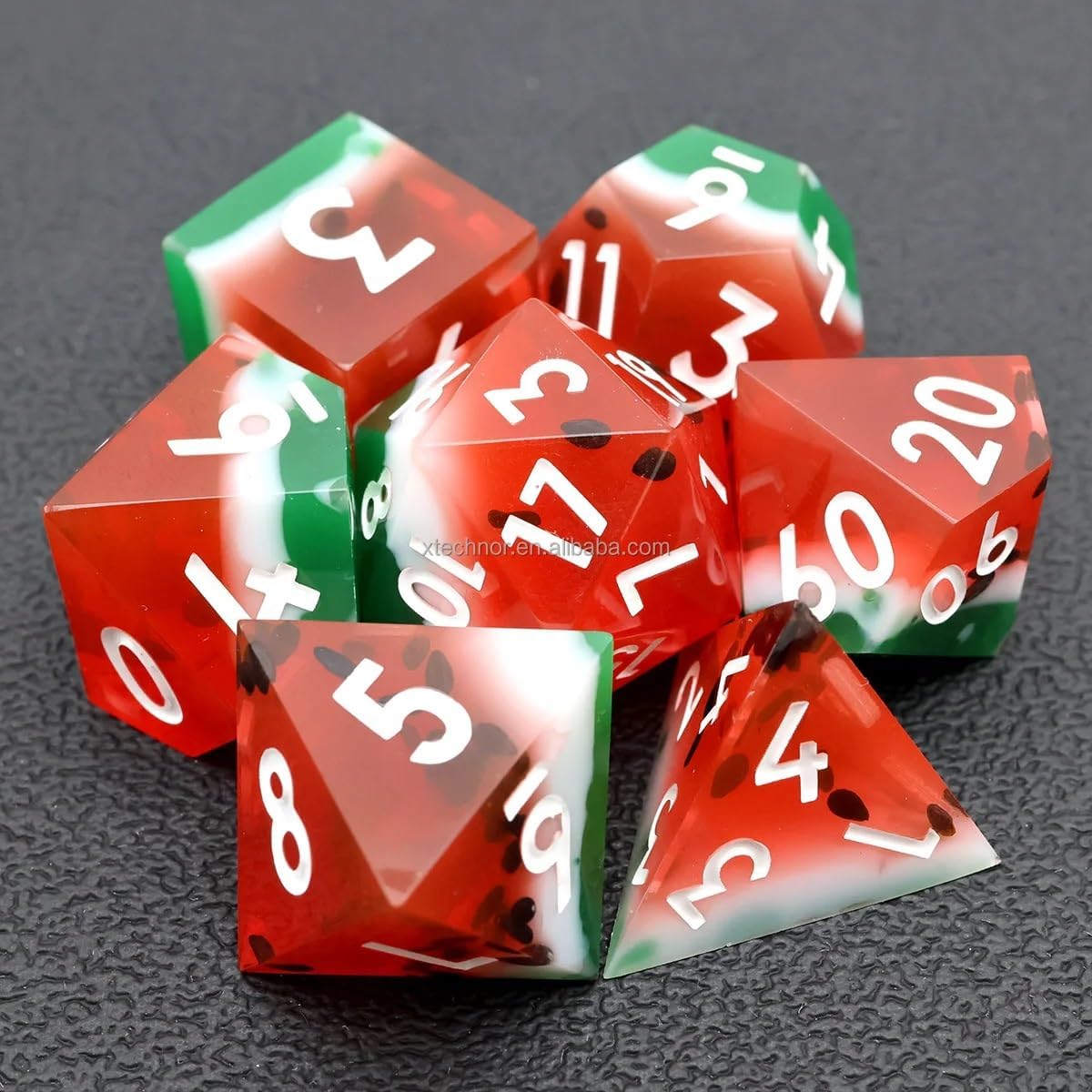 Watermelon DnD dice set featuring vibrant red and green colors with white numbers
