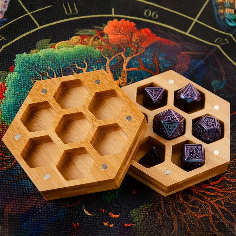 Otaku-Planet wooden dice storage box with hexagonal compartments holding purple gaming dice