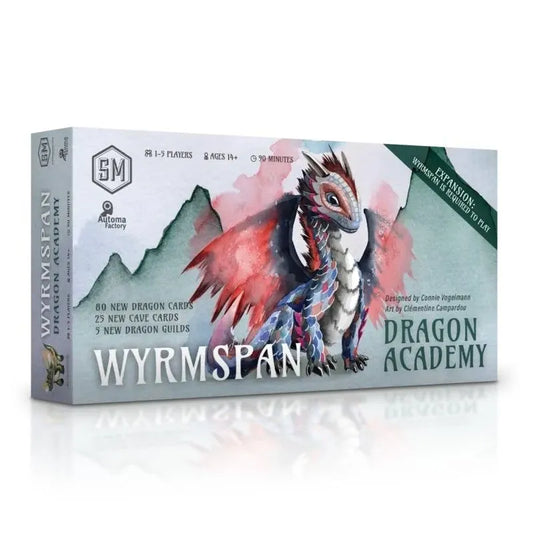Wyrmspan Dragon Academy expansion board game featuring new dragon cards and guides for enhanced gameplay